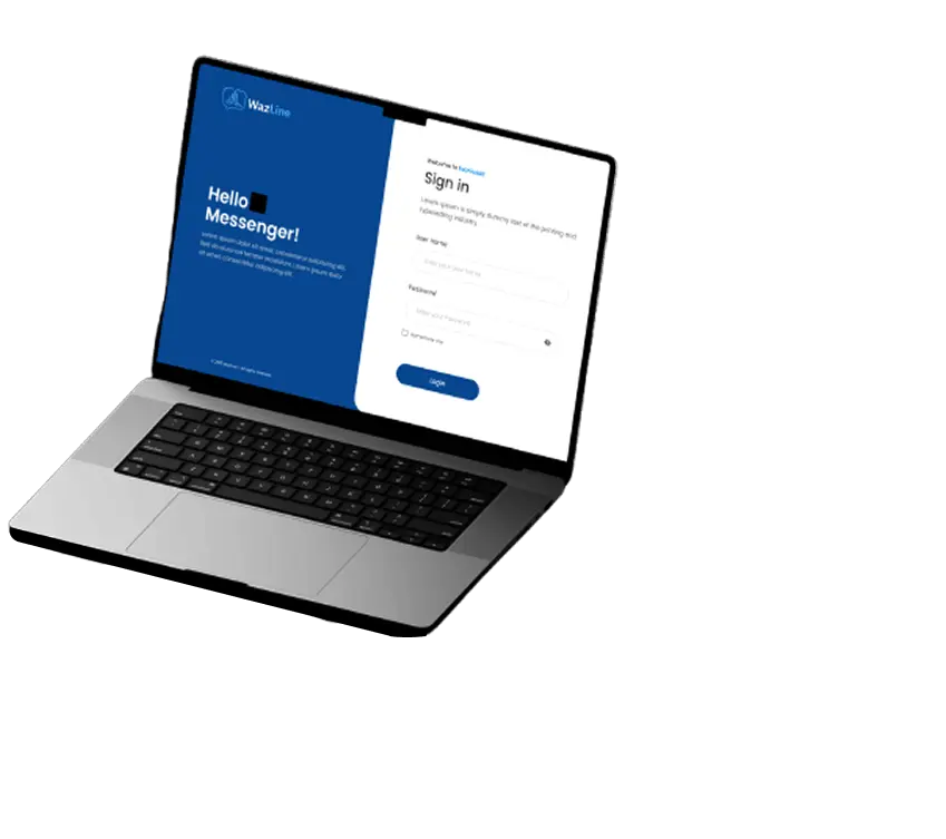 Laptop screen showing Wazline messenger login page for WhatsApp Business API send message system
