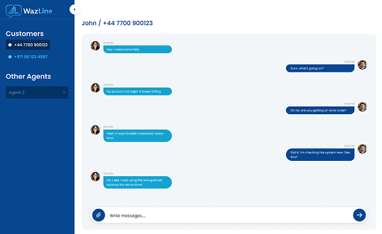 WhatsApp Business chat interface showing customer conversation, live messaging, and support communication